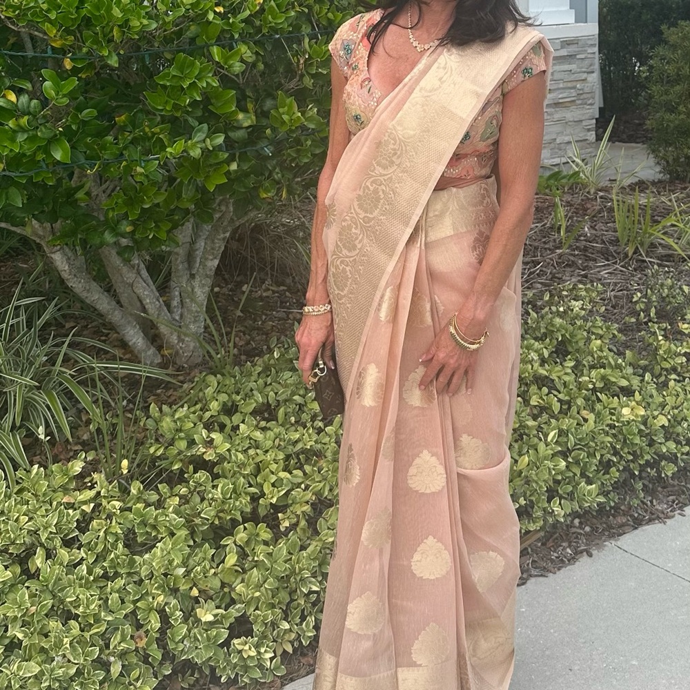 Sheer Blush Pink and Gold Sari Fabric